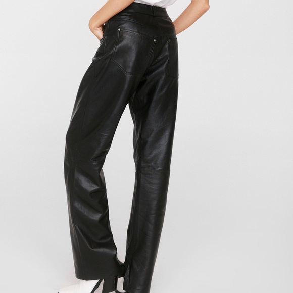 Nasty Gal Leather High Waisted Slit Pants black straight leg real hem premium - Picture 3 of 12